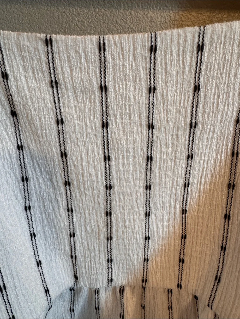 Madewell White Textured Puff-Sleeve Peplum Top with Black Pinstripes